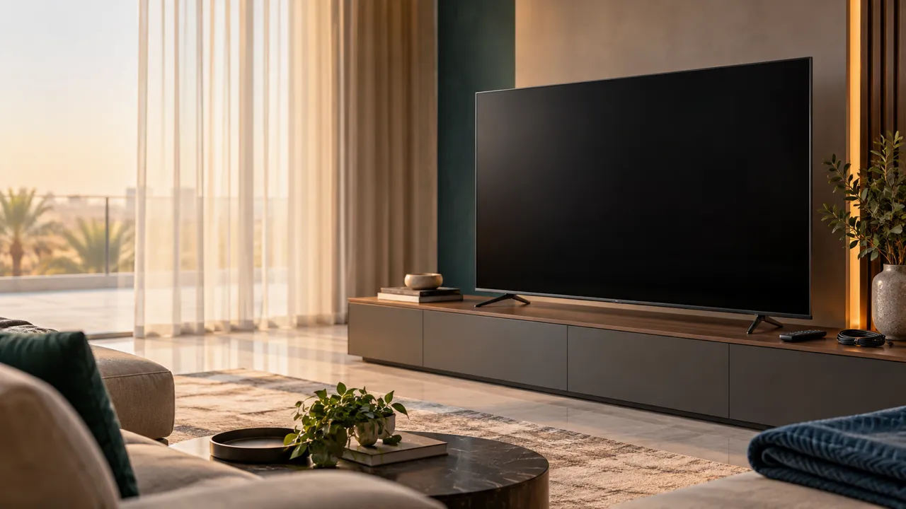 Large television switched off in a modern living room