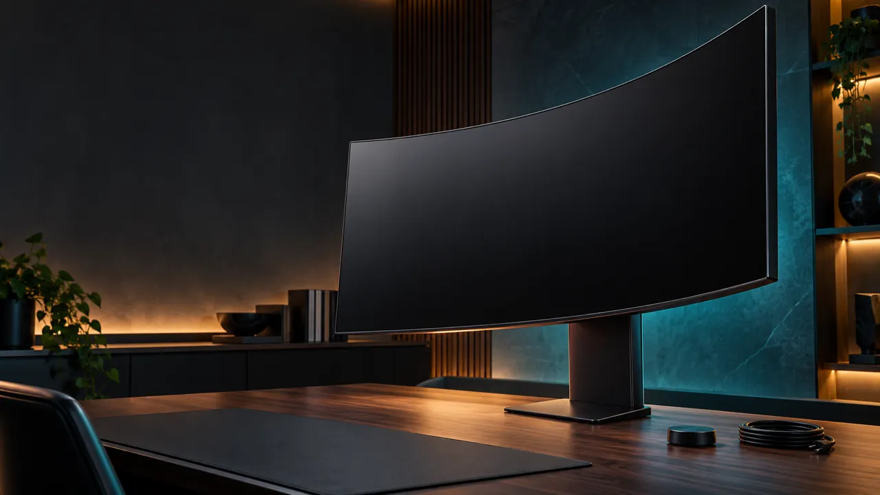 Illustrative large curved monitor on a studio desk